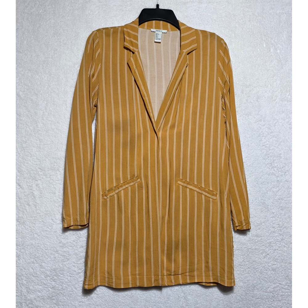 Forever 21 Mustard Yellow Striped Open Front Blazer Jacket Women's Small Rayon